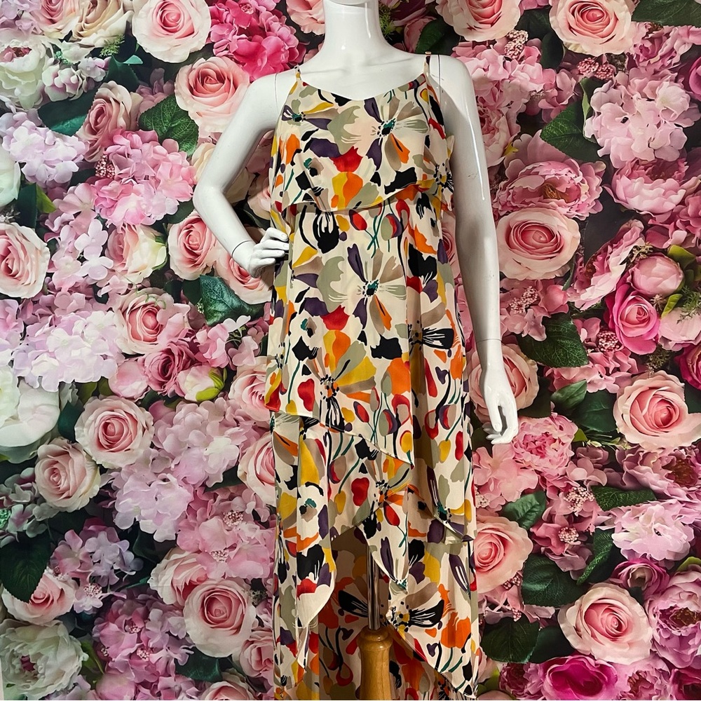 BCBG Paris Size M Medium Floral Tiered High Low Dress Flowy Multicolored